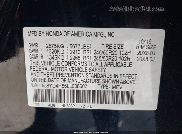 5J8YD4H56LL008607 2020 ACURA MDX Black Vista del compartimento del motor