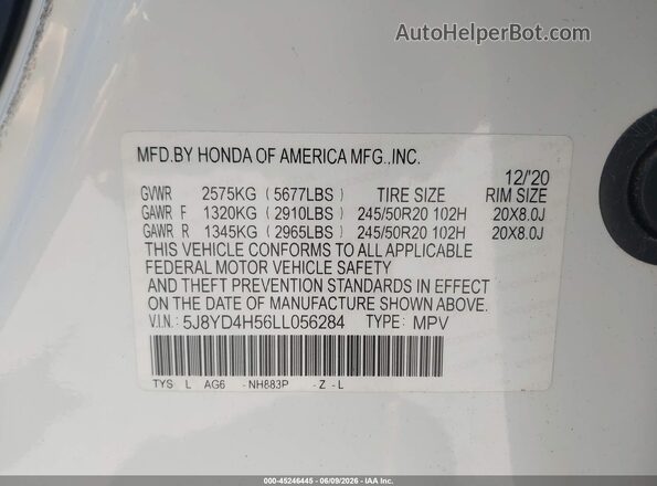 5J8YD4H56LL056284 2020 ACURA MDX White Engine compartment view