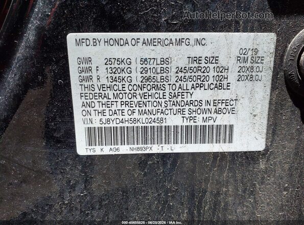 5J8YD4H58KL024581 2019 ACURA MDX Black Engine compartment view