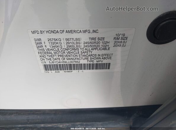 5J8YD4H59LL007662 2020 ACURA MDX White Вид підкапотного простору