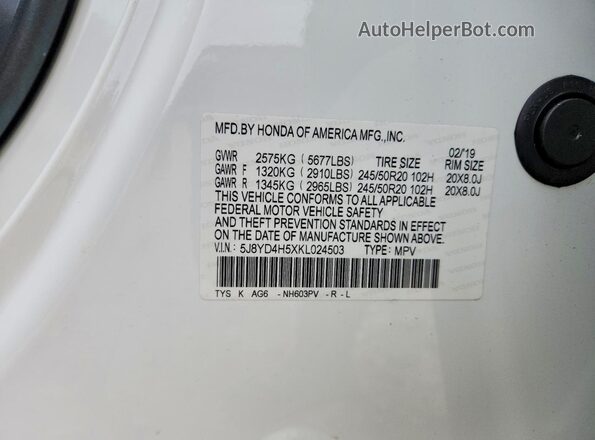 5J8YD4H5XKL024503 2019 ACURA MDX White VIN კოდის სტიკერის ხედი