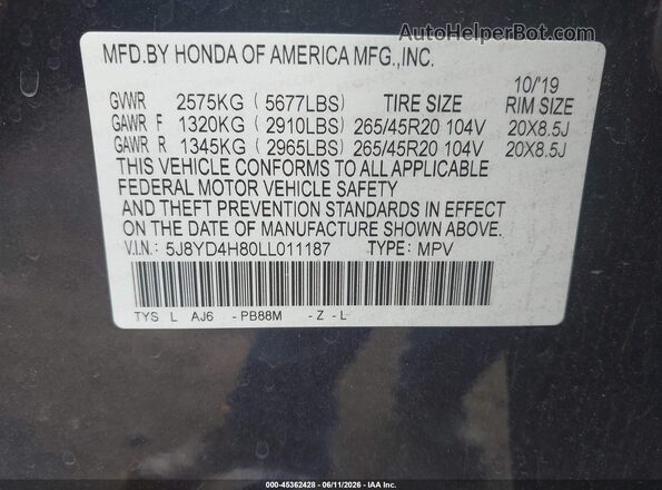 5J8YD4H80LL011187 2020 ACURA MDX Gray Engine compartment view