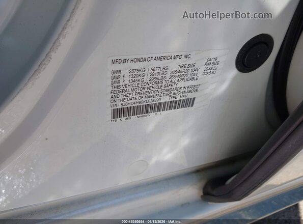 5J8YD4H90KL028899 2019 ACURA MDX White Շարժիչի բաժամունքի տեսք
