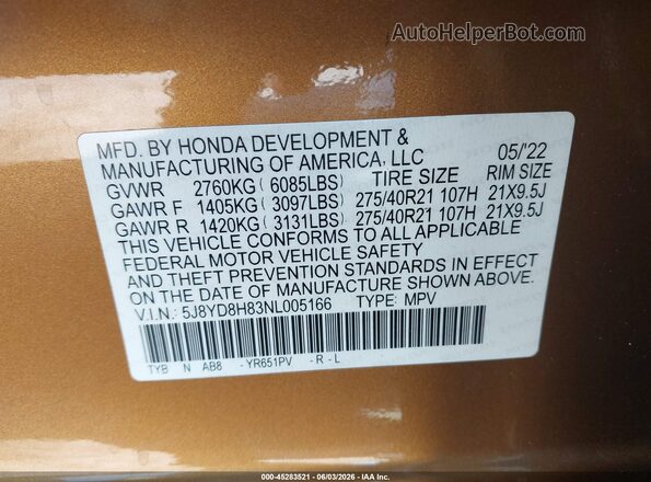 5J8YD8H83NL005166 2022 ACURA MDX Gold Շարժիչի բաժամունքի տեսք