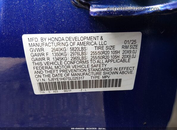 5J8YE1H07SL025317 2025 ACURA MDX Blue Շարժիչի բաժամունքի տեսք
