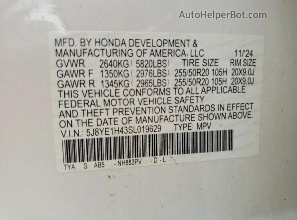 5J8YE1H43SL019629 2025 ACURA MDX White 
