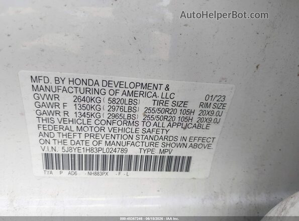 5J8YE1H83PL024789 2023 ACURA MDX White Vista del compartimento del motor