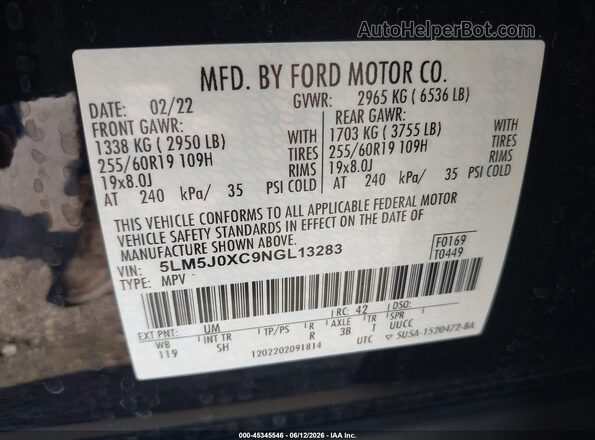 5LM5J0XC9NGL13283 2022 LINCOLN AVIATOR Black Engine compartment view