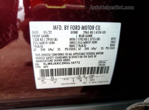 5LM5J6XC2NGL16772 2022 LINCOLN AVIATOR Burgundy Vista de la etiqueta del VIN
