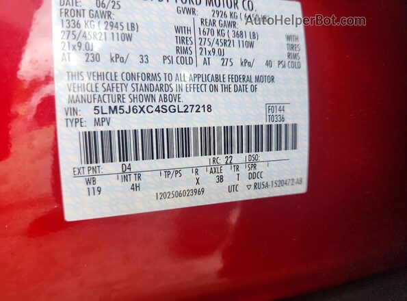 5LM5J6XC4SGL27218 2025 LINCOLN AVIATOR Red VIN კოდის სტიკერის ხედი