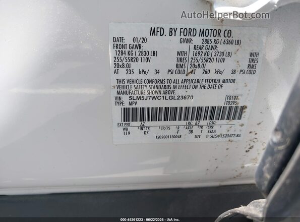 5LM5J7WC1LGL23670 2020 LINCOLN AVIATOR White ძრავის განყოფილების ხედი