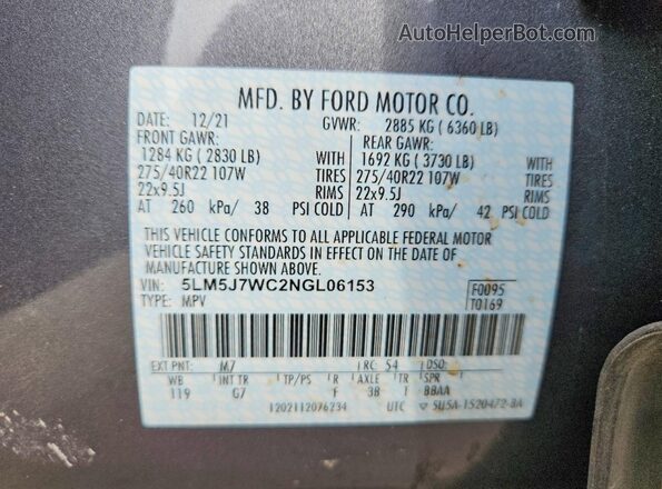 5LM5J7WC2NGL06153 2022 LINCOLN AVIATOR Gray Շարժիչի բաժամունքի տեսք