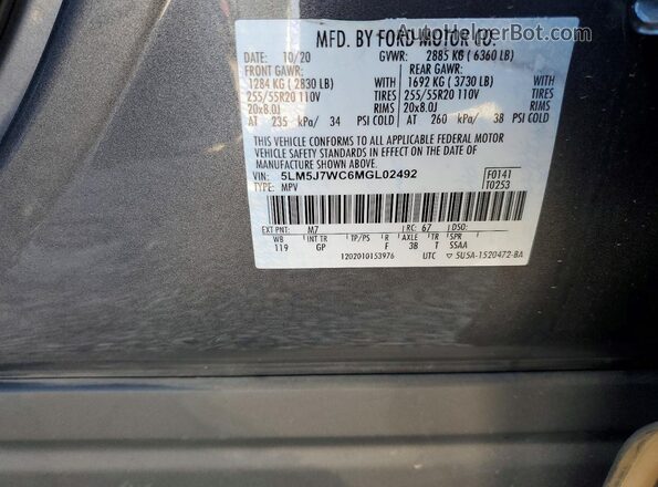 5LM5J7WC6MGL02492 2021 LINCOLN AVIATOR Gray 360 interior view