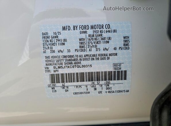 5LM5J7XC0TGL00315 2026 LINCOLN AVIATOR White VIN sticker view