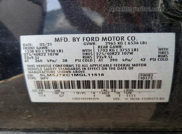 5LM5J7XC1MGL11518 2021 LINCOLN AVIATOR Black Вид наклейки з VIN-кодом