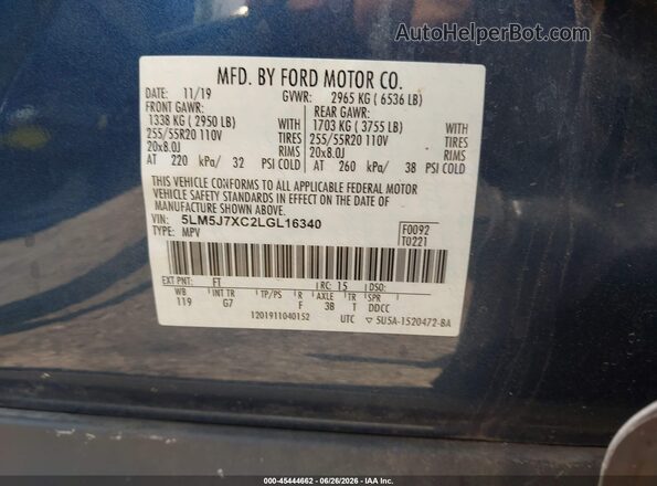 5LM5J7XC2LGL16340 2020 LINCOLN AVIATOR Blue ძრავის განყოფილების ხედი