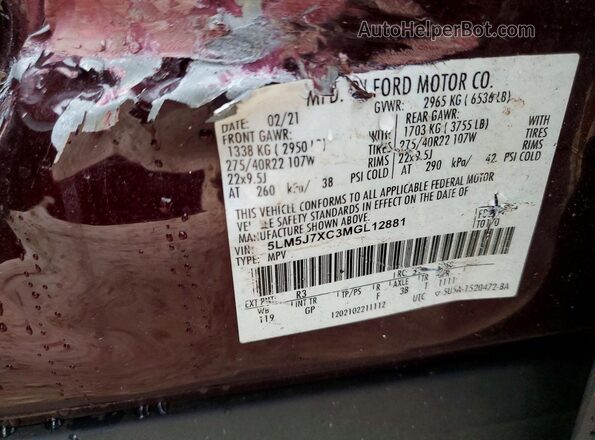 5LM5J7XC3MGL12881 2021 LINCOLN AVIATOR Maroon 