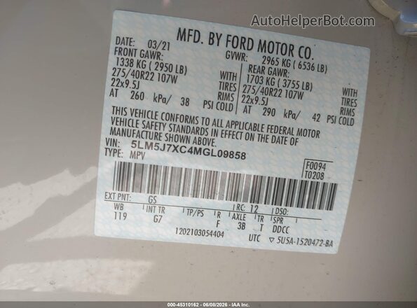 5LM5J7XC4MGL09858 2021 LINCOLN AVIATOR Кремовый Вид подкапотного пространства