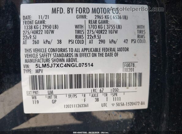 5LM5J7XC4NGL07514 2022 LINCOLN AVIATOR Black Vista del compartimento del motor