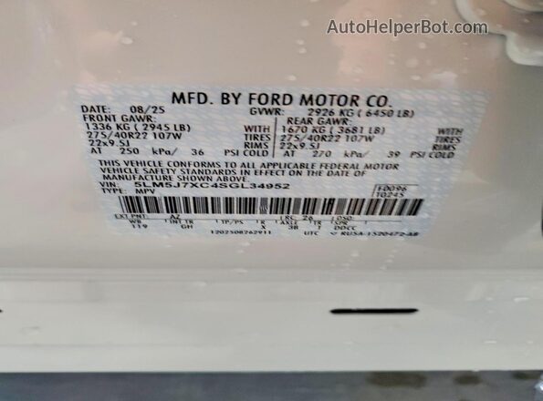 5LM5J7XC4SGL34952 2025 LINCOLN AVIATOR White VIN sticker view