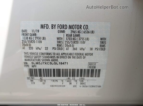 5LM5J7XC5LGL18471 2020 LINCOLN AVIATOR White Vista del compartimento del motor