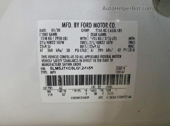 5LM5J7XC6LGL24358 2020 LINCOLN AVIATOR White Widok naklejki z numerem VIN
