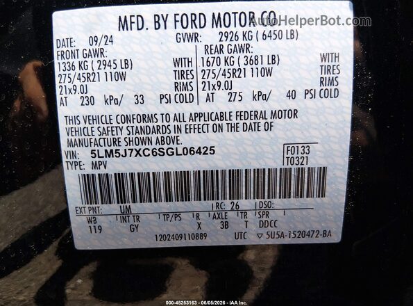 5LM5J7XC6SGL06425 2025 LINCOLN AVIATOR Black Շարժիչի բաժամունքի տեսք