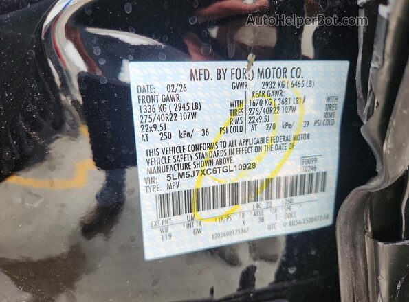 5LM5J7XC6TGL10928 2026 LINCOLN AVIATOR Black Widok naklejki z numerem VIN