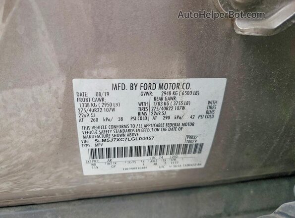 5LM5J7XC7LGL04457 2020 LINCOLN AVIATOR Tan VIN კოდის სტიკერის ხედი