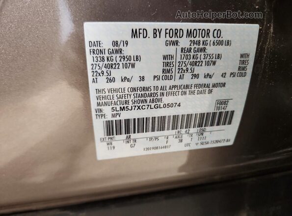 5LM5J7XC7LGL05074 2020 LINCOLN AVIATOR Tan VIN კოდის სტიკერის ხედი