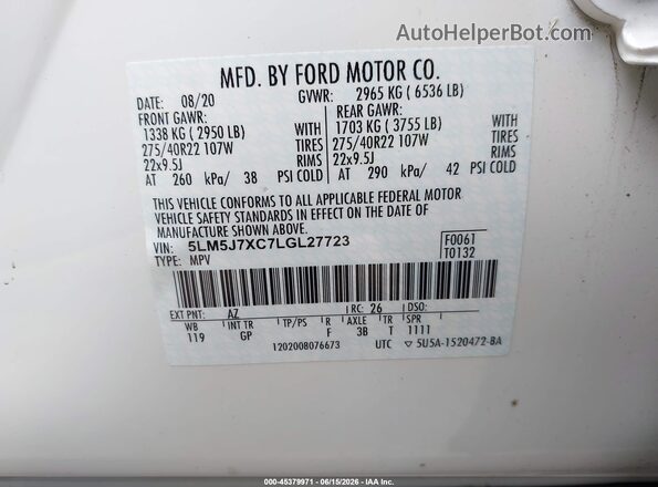 5LM5J7XC7LGL27723 2020 LINCOLN AVIATOR White Engine compartment view