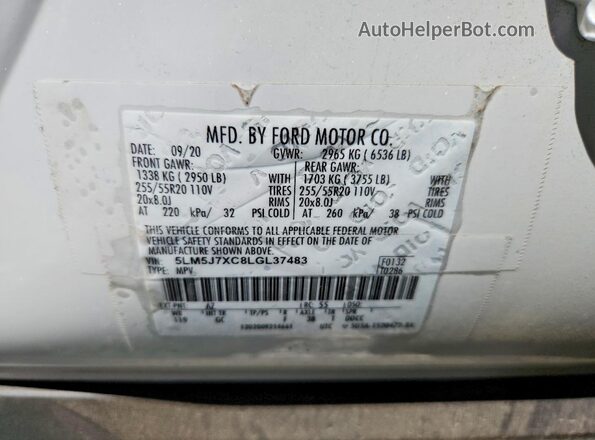 5LM5J7XC8LGL37483 2020 LINCOLN AVIATOR White VIN կոդի պիտակի տեսք