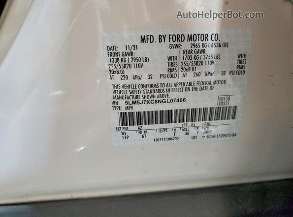 5LM5J7XC8NGL07466 2022 LINCOLN AVIATOR White Vista de la etiqueta del VIN