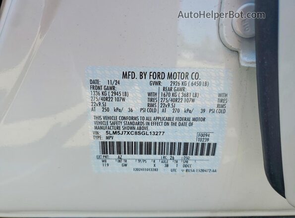 5LM5J7XC8SGL13277 2025 LINCOLN AVIATOR White VIN sticker view