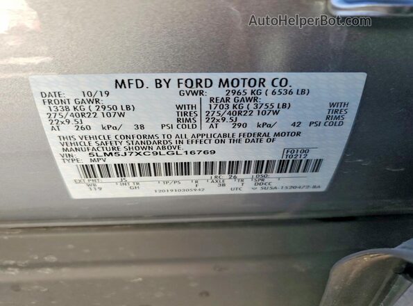 5LM5J7XC9LGL16769 2020 LINCOLN AVIATOR Silver VIN կոդի պիտակի տեսք