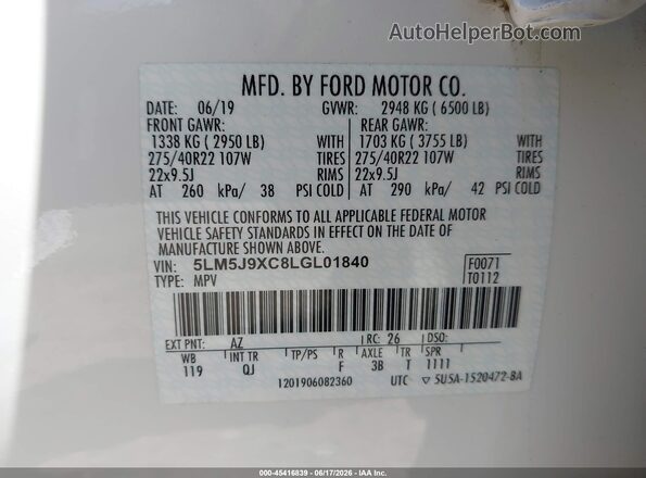 5LM5J9XC8LGL01840 2020 LINCOLN AVIATOR White Widok komory silnika