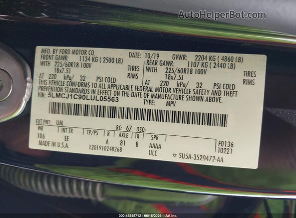 5LMCJ1C90LUL05563 2020 LINCOLN CORSAIR Black Շարժիչի բաժամունքի տեսք