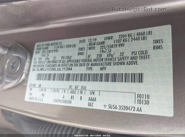 5LMCJ1C90LUL11394 2020 LINCOLN CORSAIR Brown Вид підкапотного простору