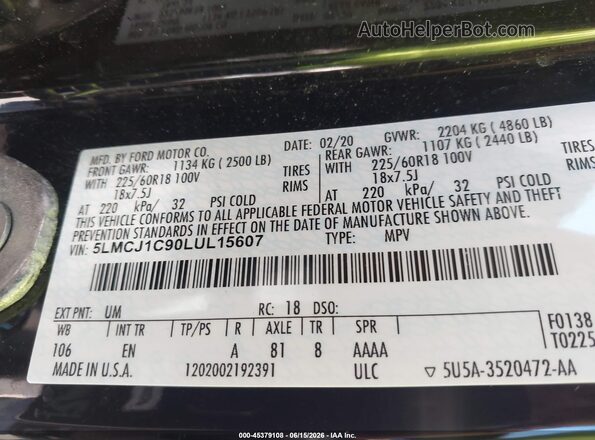 5LMCJ1C90LUL15607 2020 LINCOLN CORSAIR Black Vista del compartimento del motor