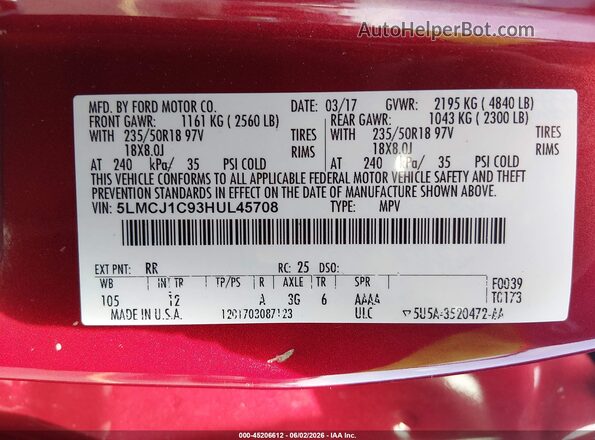 5LMCJ1C93HUL45708 2017 LINCOLN MKC Red Widok komory silnika
