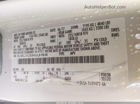 5LMCJ1C93HUL61536 2017 LINCOLN MKC White Вид підкапотного простору