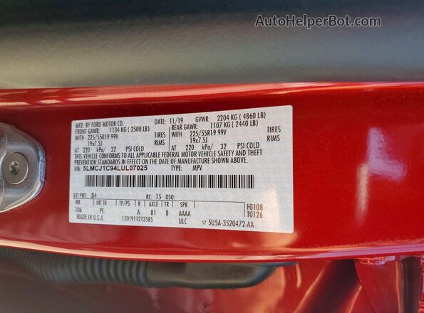 5LMCJ1C94LUL07025 2020 LINCOLN CORSAIR Red VIN sticker view