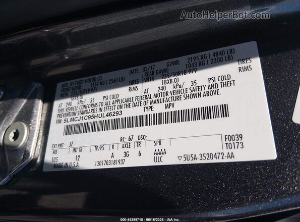 5LMCJ1C95HUL46293 2017 LINCOLN MKC Gray Engine compartment view