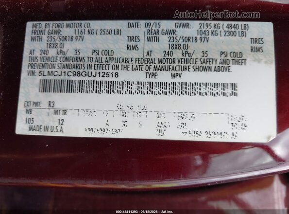 5LMCJ1C98GUJ12518 2016 LINCOLN MKC Burgundy Widok komory silnika