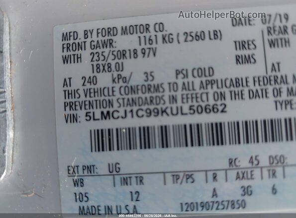 5LMCJ1C99KUL50662 2019 LINCOLN MKC White Շարժիչի բաժամունքի տեսք