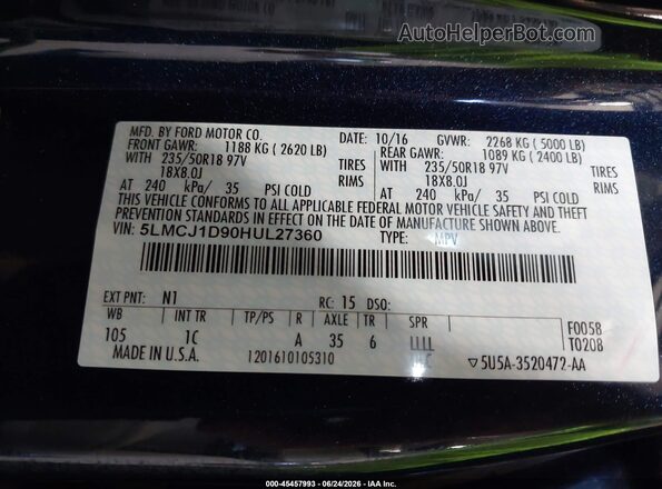 5LMCJ1D90HUL27360 2017 LINCOLN MKC Blue Շարժիչի բաժամունքի տեսք