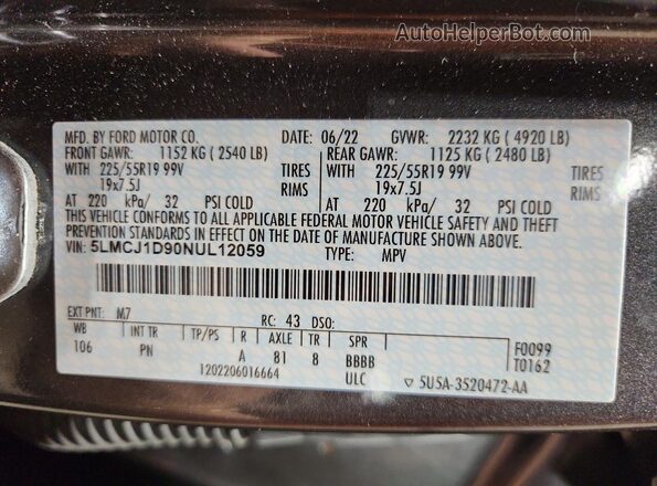 5LMCJ1D90NUL12059 2022 LINCOLN CORSAIR Серый Вид наклейки с VIN-кодом