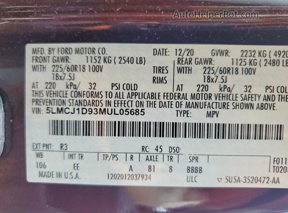5LMCJ1D93MUL05685 2021 LINCOLN CORSAIR Maroon ძრავის განყოფილების ხედი
