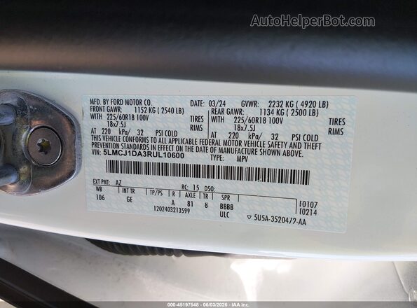 5LMCJ1DA3RUL10600 2024 LINCOLN CORSAIR Белый Вид подкапотного пространства