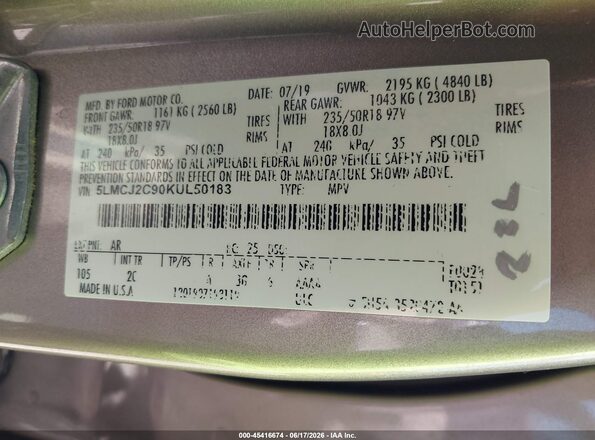 5LMCJ2C90KUL50183 2019 LINCOLN MKC Beige Vista del compartimento del motor